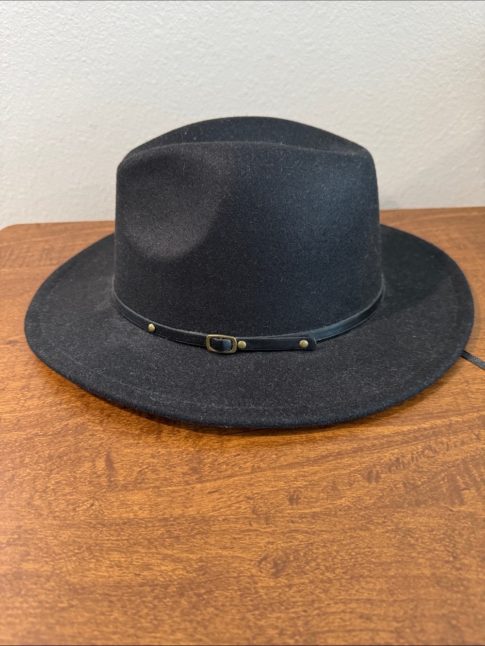 Black Wool & polyester Fedora with faux Leather Band and Brass Accent buckle